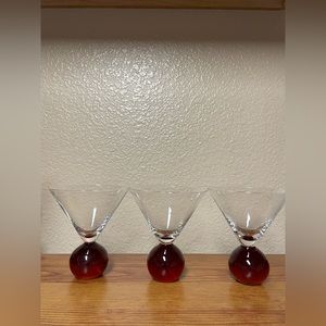 3 Vintage Spice Cocktail/Martini Blown Clear Glasses Bubble Ball Ruby Stem 10Oz